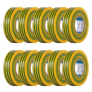CILIA Lot de 10 Rubans Isolants &Eacute;lectriques PVC 19mm x 25m - Scotch d'&Eacute;lectricien Ignifug&eacute; - Adh&eacute;sif Professionnel Norme IEC - 600V - Pour C&acirc;bles et Fils - Jaune-Vert (CILIA ELECTRIC, neuf)
