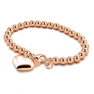 Dankadi Bracelet de Perles pour Femme en Argent 925 Large de 4MM 6MM Sans et Avec Pendentif Coeur, Long 13-21CM Dor&eacute; Or Rose Cadeau F&ecirc;te Maman Fille Homme (18CM, Dor&eacute; Rose 6MM Avec Pendentif Coeur) (Mei Yun Jewelry, neuf)