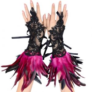 YOUYIKE 2 Pi&egrave;ces Gants Dentelle Plumes, Dentelle de Plumes Vintage, Gant Plume, Costumes de Carnaval, Gant Dentelle Halloween, V&ecirc;tements Gothiques, Cosplay, F&ecirc;te de Mariage（Rose Rouge） (Yanniler-EU, neuf)