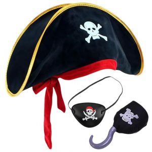 AYNKH 3 Pi&egrave;ces Pirate Accessoires de V&ecirc;tements, Chapeau De Pirate, Masque &Agrave; L'&oelig;il De Squelette, Tissu &Agrave; Crochet De Pirate Pour F&ecirc;te D'Halloween Et Carnaval De Pirate (AYNKH., neuf)