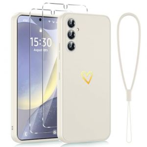 Phoona Protection Complète Silicone Coque avec cœur doré pour Samsung Galaxy S24 5G 6,2" avec 2 Pièces Verre Trempé, Housse Fine Antirayures Anti jaunissement étui pour Samsung S24 Con Cordon, Blanc (Beer Jochen, neuf)
