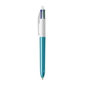 BIC - 1 Stylo Bille Rechargeable 4 Couleurs Classiques (Noir, Rouge, Vert, Bleu) - Pointe Moyenne - Collection Shine - Corps Couleur Brillante de Turquoise (Papeterie Libellus, neuf)