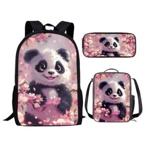 chaqlin Pink Panda Cartable Set pour Les Filles de 7-8 Ans, Lot de 3 Sacs à Dos Panda Animaux Mignons avec boîte à Lunch Enfants Stylo Sac à Dos de Voyage (chaqlin, neuf)
