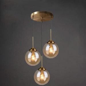 NIYKKA Transparent/Gris Fumé/Ambre Boule De Verre Suspension Lustre Industriel Vintage en Laiton Lustre 3 Lumières Suspension Cluster E27 Socket Plafonnier pour Cuisine Island Salon (Yi0106, neuf)