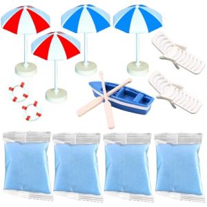et Mini - Accessoires Plage : 2 Parasols Grand (Bleu + Rouge) + 2 Chaises Longues + 1 Bateau + 2 Rames + 2 Cerceaux de Sauvetage (Rouge) + Sable Bleu – Idéal pour Jardins Miniatures & Terrariums (ROBFLOR MARKET CARS, neuf)