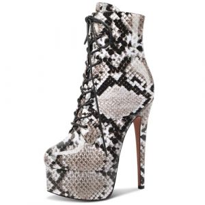 NobleOnly Femmes Aiguille Haut High Plate-forme Talon Heel Rond Bout Lacets Fermeture à Glissière Danse Bottines 15 CM Heels Marron Serpent 44 EU (MARCTEL-EU, neuf)