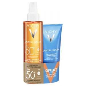 Vichy Capital Soleil Huile Invisible Protection Cellulaire SPF50+ 200 ml + Lait Apaisant Apr&egrave;s-Soleil 100 ml Offert (Cocooncenter, neuf)