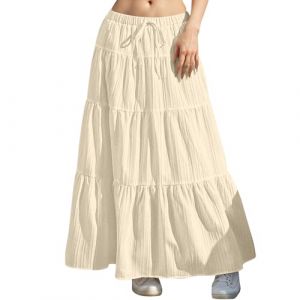 Jupe Blanche Longue,Jupes Été Blanc,Jupe De Plage Vacances Taille Haute,Cordon De Serrage Boheme Taille Elastique,A-Ligne Longue Décontractée,De Plage Vacances Beige XXL (Arien56kin, neuf)