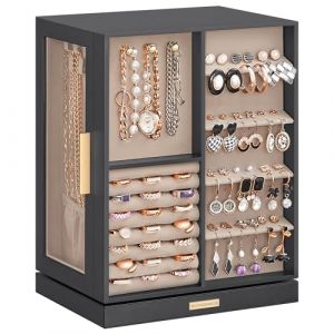 SONGMICS Boîte à Bijoux Rotative à 360°, Coffret à Bijoux avec 5 Tiroirs, Fenêtres en Verre Latérales, Grand, Rangement pour Accessoires, Design Ouvert, Gris Ardoise JBC170G01 (SONGMICS HOME FR, neuf)