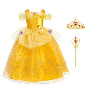 BSBUY D&eacute;guisement de Princesse Belle, Robe de Princesse Belle Fille avec Couronne et Baguette Magique, Costume de la Belle et la B&ecirc;te Enfant, Princesse Costume pour Anniversaire F&ecirc;te Partie Carnaval (BSBUY, neuf)