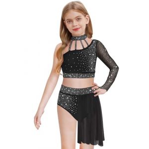 Linjinx Enfant Fille Justaucorps de Gymnastique Robe Danse Classique Lyrique Asym&eacute;trique Robe de Patinage Artistique Paillette et Jupe Tutu Costume Performance 5-16 Ans Noir 11-12 ans (Linjinx, neuf)