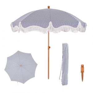 PHI VILLA Parasol de balcon Protection solaire 200 cm Pliable Rond avec franges, parasol de plage Boho jardin R&eacute;sistant au vent avec piquet de terre pour terrasse, UPF 50+, Bleu avec rayures (PHI VILLA-EU, neuf)