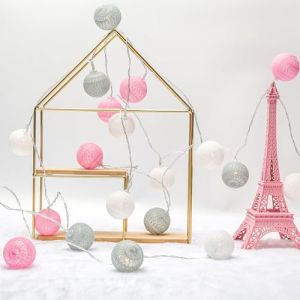 Guirlande Lumineuse Boule Coton, Interieur Decoration No&euml;l Deco, 3.5M 20er LED Globe Light, Fille, Princesse, Enfant, Bebe, Chambre Mariage Atmosphera D&eacute;corations, Piles/Batterie (4cm Rose/Gris) (ZDONE-EU, neuf)