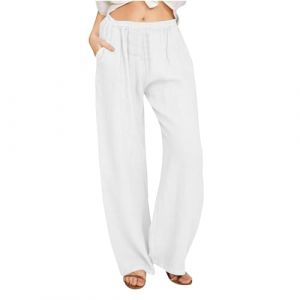 Pantalon Fluide Femme Été Fluide Coton Lin Taille Haute Elastique Décontractés Pantalons Mode Chanvre Confortable Jogging Plage Rétro Pants Léger Respirant Pantalon avec Poches (⭐⭐⭐⭐⭐Susenstone, neuf)