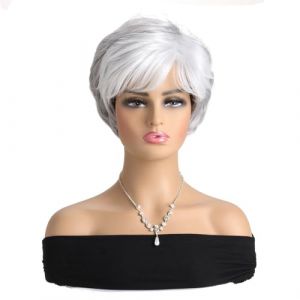 Perruque grise courte de 25,4 cm pour femme, perruque synthétique grise avec frange pour femme, aspect naturel, perruque de cheveux courts et duveteux pour femmes d'âge moyen et plus âgées (HuaZhiMei, neuf)