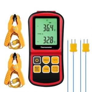 Thermomètre à thermocouple double canal, types K/J/T/E/R/S/N, -150 à 1767 °C (-238 à 3212 °F) Thermomètre numérique Rétroéclairage, maintien des données, 2 sondes de type K (Robin Tech EU, neuf)