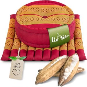 Livasia Ensemble méditation L - Ø 38x15cm/Tapis 50x50x4,5cm - Ensemble Yoga avec Coussin et Tapis, Pouf, Tapis de Yoga Fait Main avec du kapok, Coussin de Sol d’extérieur, Coussin zafu (Rouge/Jaune) (livasia, neuf)