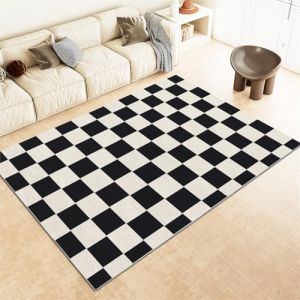 Tapis Lavable en Machine Antid&eacute;rapant Motif &agrave; Carreaux G&eacute;Om&eacute;Triques Noirs Et Blancs Tapis Doux Flanelle, Noir Et Blanc Moquette pour Salon, Cuisine, Chambre, Salle &agrave; Manger, Entr&eacute;e, 120 x 170 cm (BOBOJIAJU shop, neuf)