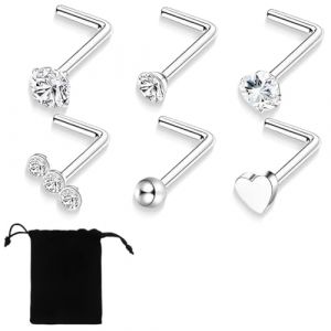 JEYORZY 6pièces piercing nez, piercing nez acier inoxydable connecteur boulon connecteur nez forme L diamant petit connecteur nez pour les femmes hommes piercing nez boulon clair CZ (Wacicy EU, neuf)
