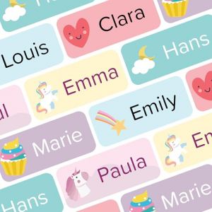 Wraplab Etiquettes autocollantes personnalis&eacute;es (70 pi&egrave;ces) pour &eacute;cole et fourniture scolaire - &Eacute;tiquettes crayon stylo rentr&eacute;e maternelle enfant imperm&eacute;able (Licorne) (Wraplab, neuf)