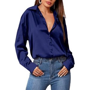Zeagoo Chemisier en satin pour femme - Col en V - Décontracté - Chemisier en soie - Haut à manches longues - Tunique, bleu marine, XXL (Zeagoo direct, neuf)