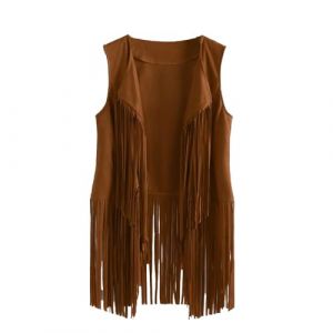 BrightGlow Gilet à franges pour femme années 70 - Gilet sans manches vintage hippie - Gilet long avec pompons - Gilet à franges - Gilet hippie - Gilet pour femme - Costume hippie - Taille S, kaki, XL (BrightGlowSH, neuf)