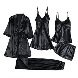 G&eacute;n&eacute;rique 5 Pi&egrave;ces Femme Sexy Chic Ensemble De V&ecirc;tements De Nuit en Satin Nuisette Dentelle Cami Chemise De Pyjama, Feminin Sensuelle Peignoir de Soie Chemisette De Nuit Ensemble De Lingerie (qieycgd, neuf)
