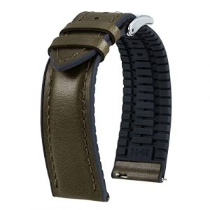 BINLUN Bracelet Montre en Cuir 22mm 21mm 20mm 19mm 18mm 16mm 14mm Cuir Cir&eacute; &agrave; l'huile et Silicone Hybrid Bracelets de Montre &agrave; D&eacute;gagement Rapide pour Homme Femme(21mm,Vert Boucle Argent) (MJXEU, neuf)