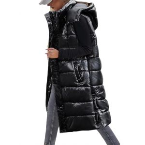 Tuopuda Doudoune sans Manche Femme, Veste Longue sans Manche Manteau sans Manche Automne Hiver Chaud Gilet sans Manche &agrave; Capuche Zipp&eacute;e Hooded Coat Matelass&eacute; L&eacute;g&egrave;re Waistcoat, Noir Brillant, L (GHF-Direct, neuf)