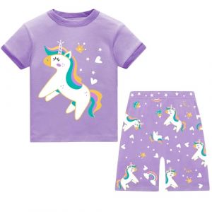 JinBei Pyjamas pour Filles, Ensemble Pyjama Court Enfant &Eacute;t&eacute; Coton Doux T Shirt Manche et Short 2 Pi&egrave;ces Violet Cheval Imprim&eacute;s Mignons Pyjashort Loungwear Set Fille V&ecirc;tement 7-8 Ans (JinBei, neuf)