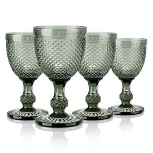 Joeyan 270ml Verres à Vin Vintage Gris de Avec Relief en Diamant, Colorés Ensemble de Gobelets à Vin pour Boissons au Jus de Vin, Lot de 4 Verres à Boire Rétro Avec Pied, Passent au Lave-Vaisselle (JianYan, neuf)