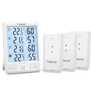 Geevon Thermom&egrave;tre int&eacute;rieur ext&eacute;rieur sans fil avec 3 capteurs &agrave; distance, hygrom&egrave;tre &eacute;lectronique, jauge de temp&eacute;rature et d'humidit&eacute; avec port&eacute;e de 60 m (248649 TN Blanc sans Batterie) (GEEVON EU, neuf)