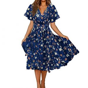 NNGOTD Robe de Plage Longue Femme Mi-Longue Robes d'été Sexy Midi Longue Mode Rétro Mini Jupe de Plage Ample pour Dames Chic élégante Décontracté Imprimé Bohème Courte Grande Taille Robe Rose Femme (BAULMD（90% Big Promotion Without Discount Code ）, neuf)