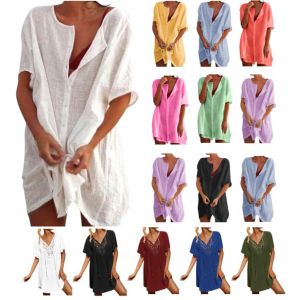 Robe de Plage Femme &Eacute;t&eacute;, Tunique de Plage &Eacute;l&eacute;gante Chemise de Plage en Coton en Lin, Couvre Maillot de Bain Robe Couvrir Bikini Cover Up Boh&egrave;me Beachwear (L) (Keinsow, neuf)