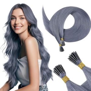 RUNATURE I Tip Hair Extensions Bleu Grisâtre Extension Keratine Cheveux Naturel Remy Hair Extension de Cheveux Keratine a Froid Cheveux Humain Lisse 14 Pouces/35cm 25 Mèches/20g #LightBlue (Runature EU, neuf)