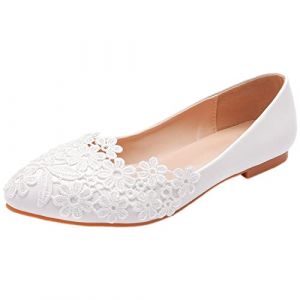 Jamron Femme Élégant Bout Pointu Fleur Dentelle Chaussures de Mariée Escarpins Semelle Souple Ballerines Blanc SN070435 EU40 (No.7 Fashion House, neuf)