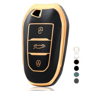 OFF WE GO Coque pour clé de voiture en TPU pour télécommande compatible avec Peugeot 208 308 408 508 307 2008 3008 5008 Citroën C3 C4 C5 DS3 DS5 DS7 3 Boutons Housse pour carte de clé Or noir (OFF WE GO, neuf)
