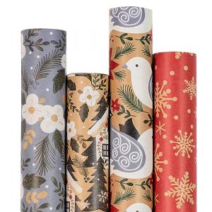 RUSPEPA Papier Cadeau De Noël, Papier Kraft - Colombe, Flocon De Neige, Fleur Et Maison - 4 Rouleaux - 43,5X305 Cm Par Rouleau (Ruspepa, neuf)