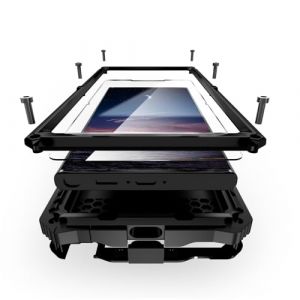 MIYIYQP pour Samsung Galaxy S25 Ultra 5G Coque, Aluminium M&eacute;tal + Verre tremp&eacute; &eacute;tanche Antichoc Militaire Heavy Duty Robuste Couverture Housse Coque avec Kickstand (Noir) (Miyi's, neuf)