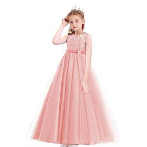 MYRISAM Filles Pageant Robe de Princesse en Dentelle sans Manches Robe de Mariage Soir&eacute;e Carnaval Communion Anniversaire C&eacute;r&eacute;monie No&euml;l F&ecirc;te Longue Tulle Bal Rose p&ecirc;che 4-5 Ans (MYRISAM store, neuf)