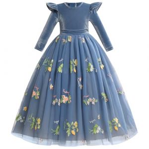 IDOPIP Automne Hiver Fleurs Fille Robe Velours Robe No&euml;l Manches Longues Brod&eacute;e Princesse Tulle Robe F&ecirc;te Anniversaire Bal Officiel Bleu 3-4Y (BXH, neuf)
