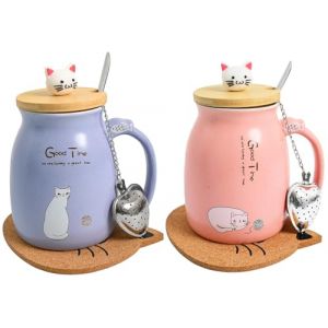Thuro Lot de 2 tasses à café avec couvercle, cuillère, infuseur à thé et soucoupe - Mignon tasse du matin - Cadeau de Noël pour les amoureux des chats - Rose et violet - 380 ml (HUIZHUO TRADE, neuf)