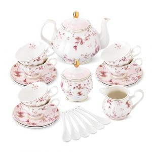 fanquare 21 Pi&egrave;ces Service &agrave; Th&eacute; en Porcelaine Britannique avec Bord Dor&eacute;, Feuilles d&rsquo;automne Roses Service &agrave; Caf&eacute; Floral pour Femmes Th&eacute; la F&ecirc;te, 6 Tasses &agrave; Th&eacute; et Soucoupes pour Mariage &agrave; la Maison (Privalace, neuf)