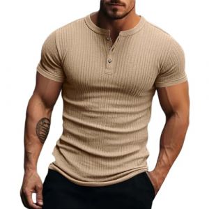 Polo pour homme avec boutonnière à manches courtes - T-shirt d'été décontracté pour homme - Confortable et respirant - Avec tissu élastique - Léger et ample - Pour le quotidien, les vacances, kaki, S (UhGlag8, neuf)