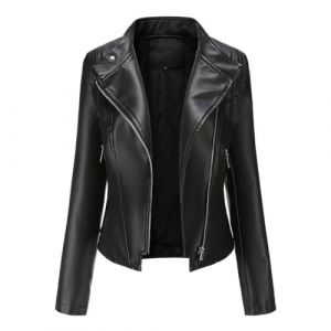 YYNUDA Blouson Cuir Biker Revers Veste Motard Femme Jacket Bombers Aviateur L&eacute;ger Manteau Moto Printemps/Automne Noir L (YYNUDA Store, neuf)