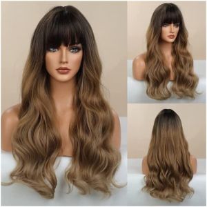 Naturelle Perruque Perruque Perruque Avec Frange Perruque Blonde Foncé Perruques Longues Ondulées Pour Femmes Perruques Synthétiques Ondulées Blonde Foncé Cheveux Naturel (yizhishizizaichuangtou, neuf)