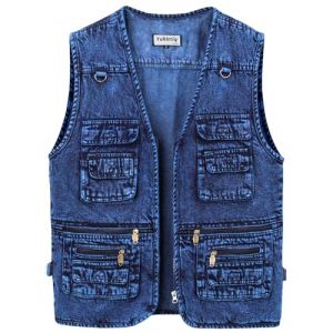 Yukirtiq Gilet en Jean pour Homme Cowboy Gilet Moto Multipoches Veste en Jean Sans Manche Denim Gilet Biker, Bleu clair, 4XL (Yukirtiq, neuf)