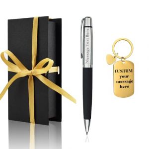 Yastar Stylo à Bille Personnalisé Avec Porte-Clés - Ensemble Cadeau de Bureau - Stylo de Luxe en Cuir Synthétique Avec Votre Nom ou Message, Coffret (YENAMAOYI, neuf)