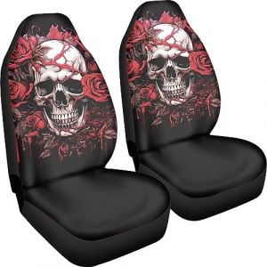 Poceacles Lot de 2 housses de siège avant de voiture avec imprimé tête de mort et roses rouges - Ajustement universel pour SUV, berline, van (Poceacles, neuf)