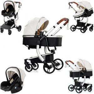 Nine point nine Cuir PU Poussette 3 en 1, Poussette Bebe avec Double Modes de Poussée Réversibles, Poussette Canne avec Grande Nacelle Confortable, Pousette Cadre Aluminium Haute Paysage (518 White) (Kaiwen baby products, neuf)